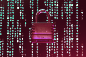 Padlock with purple and green lighting against a background of digital binary code highlights Cybersecurity in the Food Supply Chain