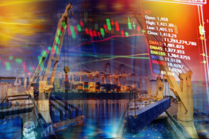 Composite image of a shipping port with cranes, cargo ships, and a stock market chart indicating the importance of Risk Analysis in Food Transport