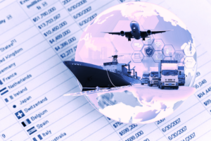 Global trade logistics collage featuring transport methods and financial data, highlighting the importance of Trade Credit Insurance for securing international transactions