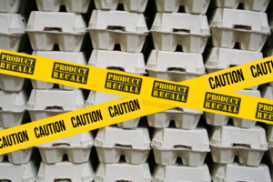 Stacks of egg cartons under yellow product recall and caution tapes, indicating How Product Recall Insurance Protects Your Business