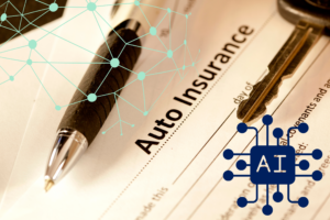 Auto insurance costs and coverage details with AI technology and car key, highlighting digital analytics