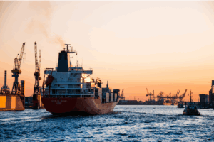 Commercial cargo ship and tugboat at busy port during sunset, representing international food import/export operations that require specialized insurance protection against fraud and contamination risks